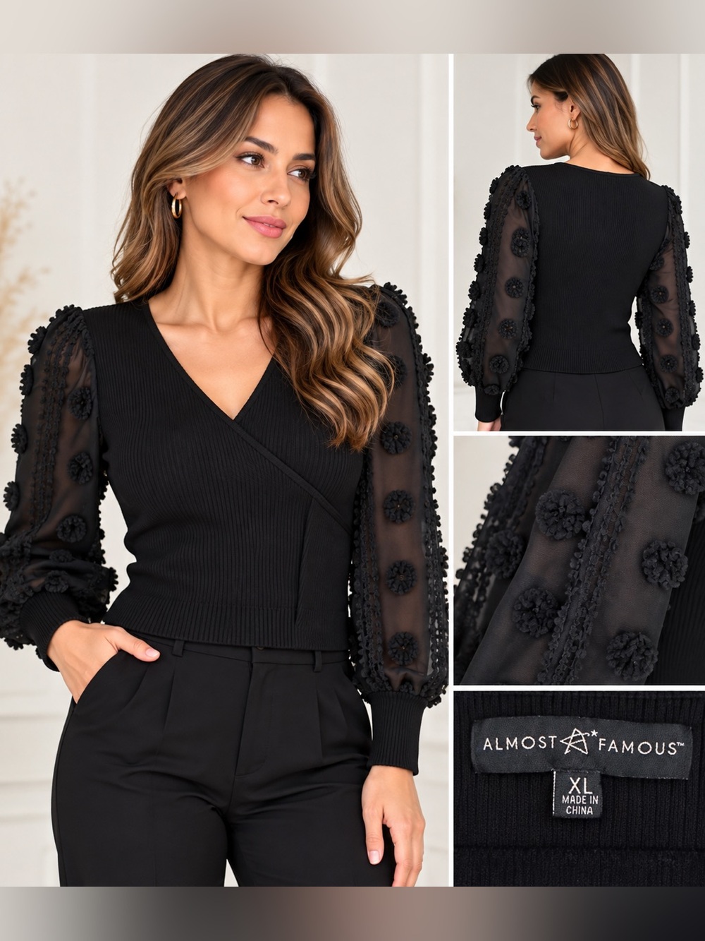Almost Famous Black Sheer Puff-Sleeve Wrap Knit Top size XL